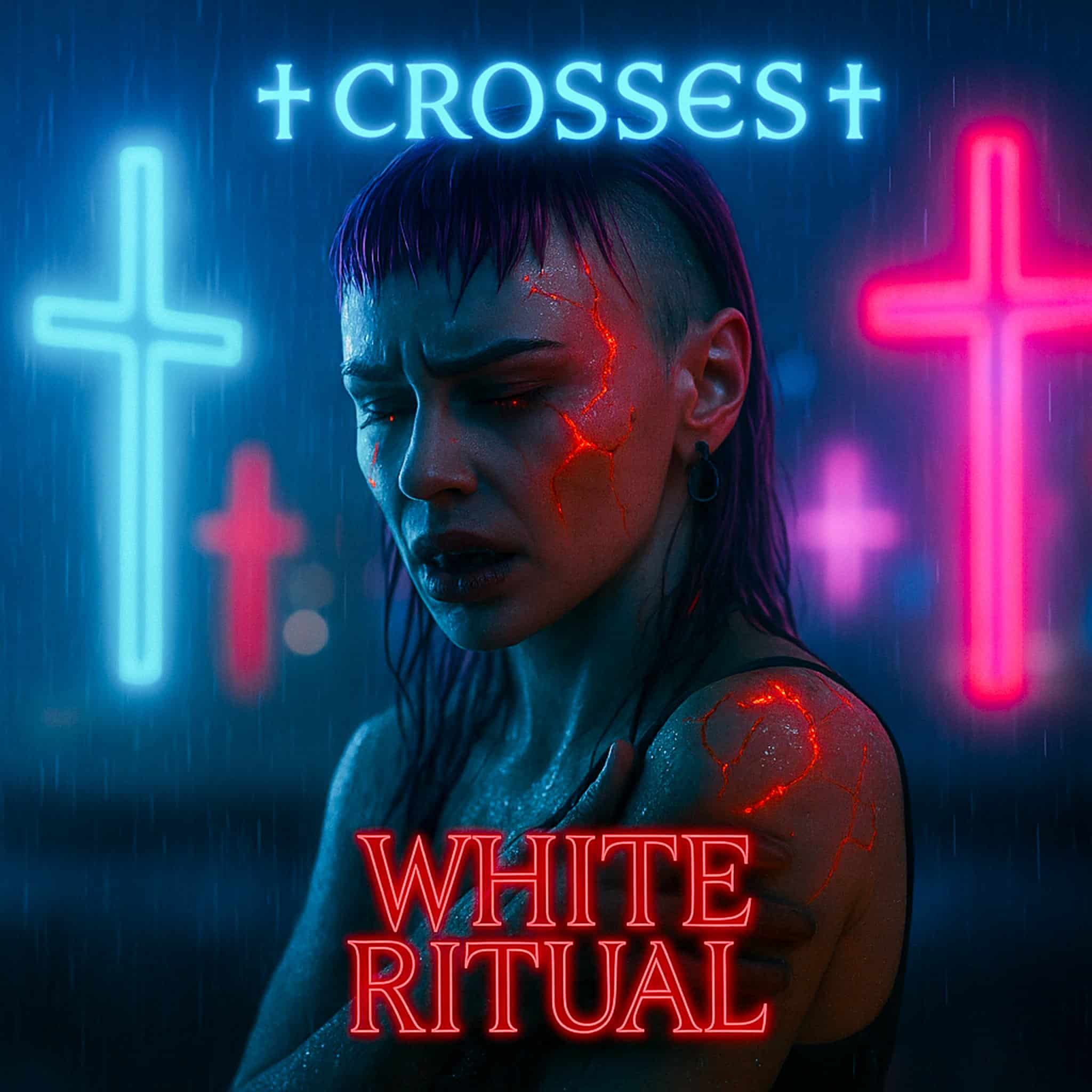 White Ritual - Crosses single cover, darksynth-leaning neon aesthetic